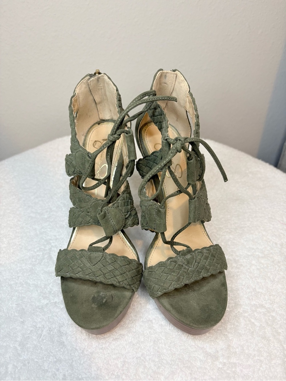 Olive Green Braided Lace-Up High Heel Sandals Jessica Simpson - Picture 4 of 6